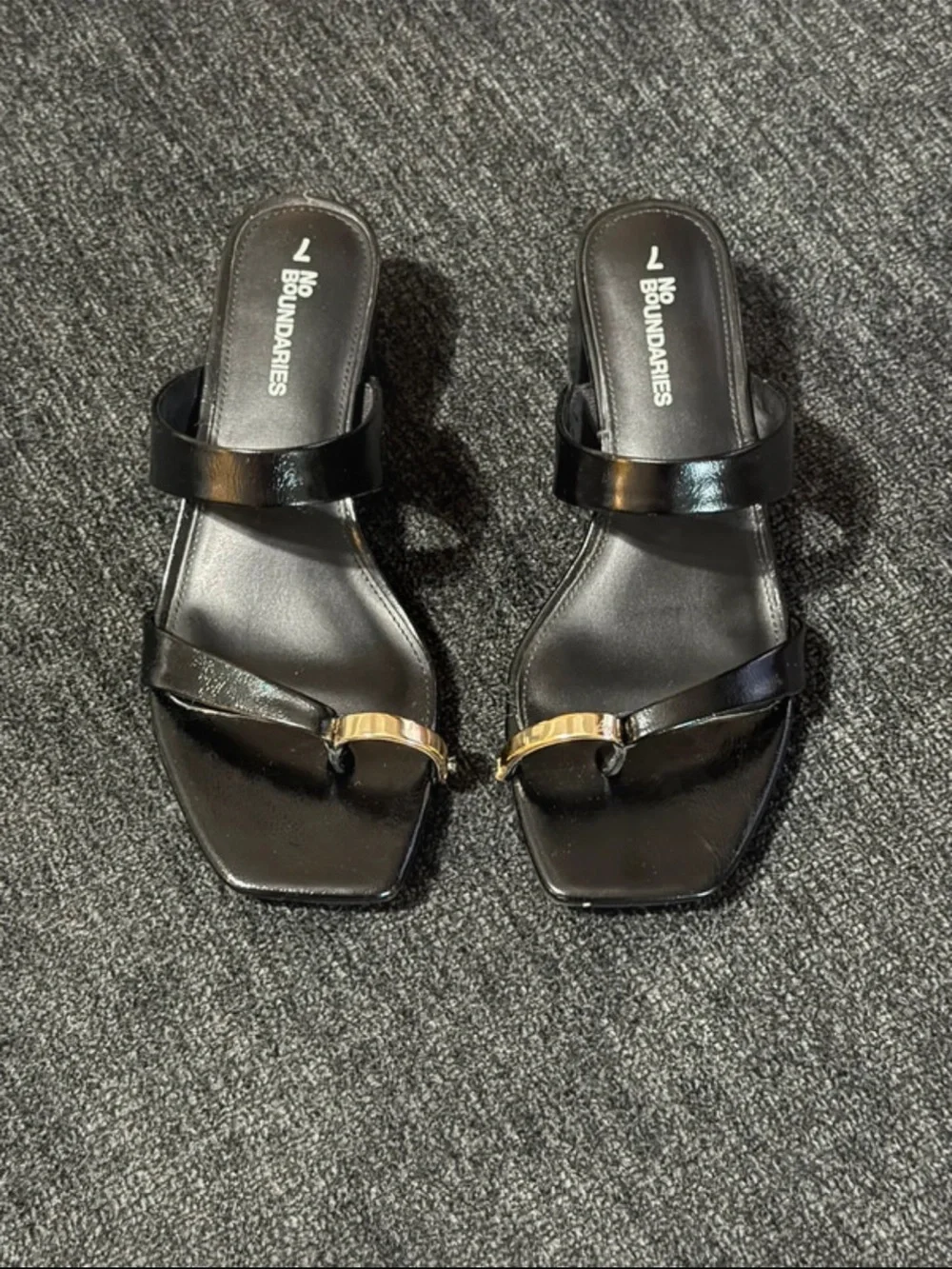No Boundaries Black Patent Slide Sandals with Gold Accent Bar